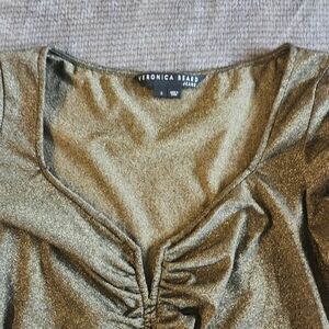 Veronica Beard Priyanka Ruched Long Sleeve Metallic Gold Top V Neck Rusching Sml